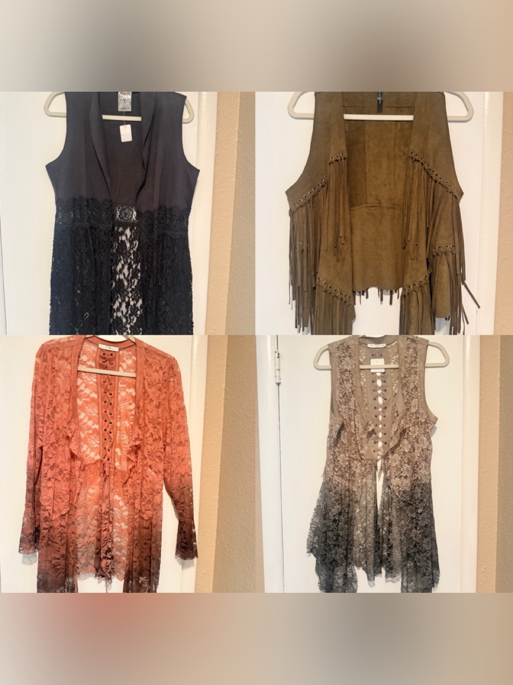 Lace & Fringe Vests Collection - Black, deep Olive Green, Coral, Taupe